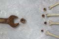 Wrench nuts and bolts on stone background. Father and Sons concept. Fathers Day concept. Flat lay.