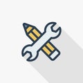 Wrench and pen, installation, design thin line flat color icon. Linear vector symbol. Colorful long shadow design.