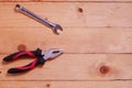 Wrench and pliers Hand tools used on wooden table with copy space