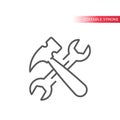 Wrench or spanner and hammer crossed line icon.