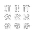 Wrench or spanner and hammer, screwdriver crossed line icon set Royalty Free Stock Photo