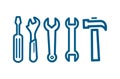 Wrench Spanner Screwdriver And Hammer Line Blue Icon On White Background. Blue Flat Style Vector Royalty Free Stock Photo