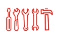 Wrench Spanner Screwdriver And Hammer Line Red Icon On White Background. Red Flat Style Vector Royalty Free Stock Photo