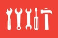 Wrench Spanner Screwdriver And Hammer Line Red Icon On White Background. Red Flat Style Vector Royalty Free Stock Photo