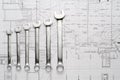The wrench steel tools for repair and build in composition until small size to biggest size Royalty Free Stock Photo