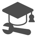 Wrench with student hat solid icon, learners permit concept. Vector graphics. Graduate cap and wrench tool, repair sign Royalty Free Stock Photo