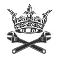 Wrench tools crossed and king crown illustration. Plumbing key tool. Construction spanner logo