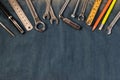 Wrench tools on a denim workers with space for text. Happy Labour Day. Royalty Free Stock Photo