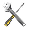 Wrench and yellow screwdriver isolated on a white background. Color line art