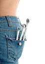 Wrenches in an attractive females back pocket