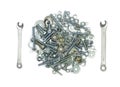 Wrenches, bolts, nuts, screws and washers . Conceptual image of fork and knife like a meal