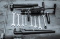 Wrenches and a hand drill Royalty Free Stock Photo