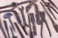 Wrenchs,various tools on wooden background Royalty Free Stock Photo