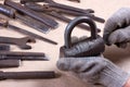 Wrenchs,various tools on wooden background Royalty Free Stock Photo