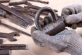 Wrenchs,various tools on wooden background Royalty Free Stock Photo