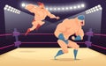 Wrestler fighters cartoon. Cartoon martial characters at ring funny action vector sport background