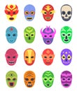 Wrestler masks. Mexican martial fighters sport clothes colored lucha libre masked vector collection Royalty Free Stock Photo