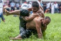 A wrestler takes control of his battle during competition at the Kirkpinar Turkish Oil Wrestling Festival in Edirne in Turkey.