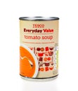 Tesco Everyday Value tomato soup on white background.