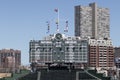 Wrigley Field center field scoreboard in the bleachers of the Chicago Cubs. Wrigley Field scoreboard is manually operated Royalty Free Stock Photo