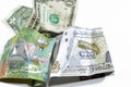 Wrinkled, crumpled Saudi Arabia, Kuwaiti half dinar money 20 SAR twenty riyals, 1 one American dollar cash, Money inflation and Royalty Free Stock Photo