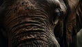 Wrinkled elephant trunk, tusk, and eye in African savannah generated by AI Royalty Free Stock Photo