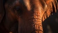 Wrinkled elephant trunk, tusk, and eye close up generated by AI Royalty Free Stock Photo