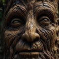 A wrinkled face carved from a tree trunk. Royalty Free Stock Photo