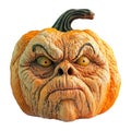 A wrinkled Halloween pumpkin with a highly detailed and expressive face, featuring furrowed brows, a frowning mouth, and