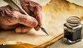 Wrinkled Hand Holding a Quill Pen on an Empty Parchment in The Act of Writing - Generative Ai Royalty Free Stock Photo