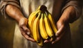 Wrinkled Hands of a Farmer Holding a Bunch of Ripe Bananas - Generative Ai