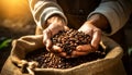 Wrinkled Hands of a Farmer Holding Roasted Coffee Beans - Generative Ai