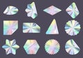 Wrinkled holographic stickers, rainbow hologram foil labels. Shiny iridescent tags with curved edges, guarantee seal