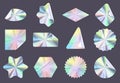 Wrinkled holographic stickers, rainbow hologram foil labels. Shiny iridescent tags with curved edges, guarantee seal emblem vector