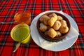 Wrinkled potatoes called papas arrugadas with spicy mojo red and green sauce is a typical dish from the Canary Islands,Tenerife, S Royalty Free Stock Photo