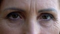 Wrinkled woman looking at camera, eyes close up, anti aging cream, skincare Royalty Free Stock Photo