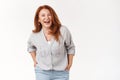 Wrinkles what. Charming carefree middle-aged 50s redhead woman laughing happily having fun good mood giggling