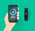 Wrist band bracelet with run activity and fitness tracking app on mobile phone screen vector flat, smartphone with run Royalty Free Stock Photo