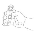 Wrist spring expander in hand, from contour black brush lines different thickness on white background. Vector illustration