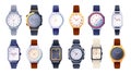 Wrist watch collection. Classic mechanical clock face with fashion bracelet flat style, analog wristwatch smartwatch