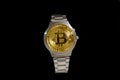 Wrist watch screen bitcoin on black background. Crypto, Concept business, idea: time to earn, buy or sell bitcoin