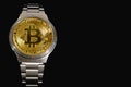 Wrist watch screen bitcoin on black background. Crypto, Concept business, idea: time to earn, buy or sell bitcoin