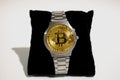 Wrist watch screen bitcoin. Crypto, Concept business, idea: time to earn, buy or sell bitcoin