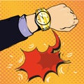 Wrist watch show now pop art style vector illustration. Comic book style imitation Royalty Free Stock Photo