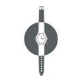 Wrist watch with strap and hands. Black and white time icon.