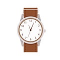 Wrist watches with classic round dial and leather bracelet. Wristwatch, hand clocks design. Analog quartz handwatches