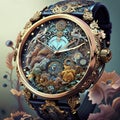 Wristwatch, close-up, on a background of flowers AI Generated