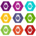 Wristwatch icons set 9 vector