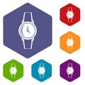 Wristwatch icons set hexagon