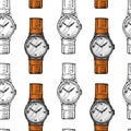 Wristwatch seamless pattern or wristlet watch, classic man with bracelet. accessory for time tracking. victorian era Royalty Free Stock Photo